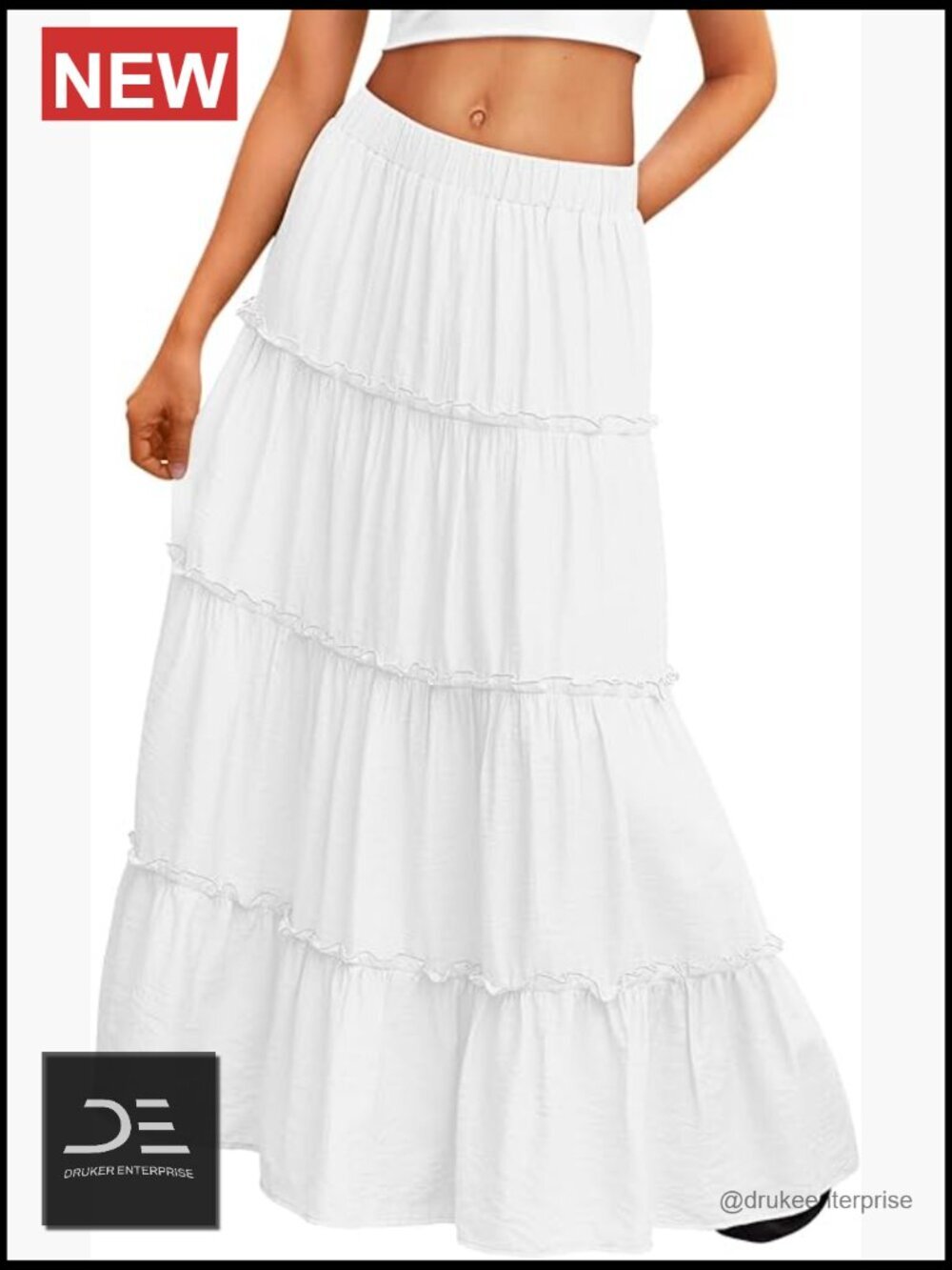 Boho Maxi Skirt High Waist Elastic Pockets Flowy Midi Skirt